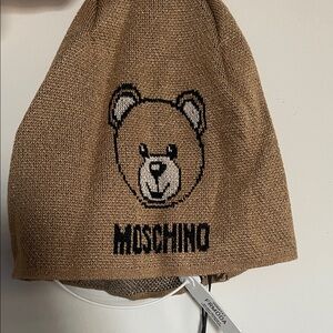 Moschino wool beanie hat gold accent and black, with the iconic teddy bear logo